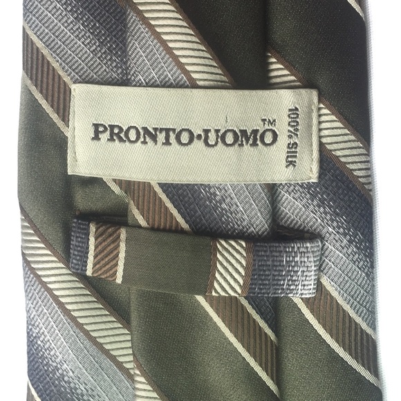 PRONTO UOMO Silk Tie Olive Gray and White Striped - Picture 6 of 8